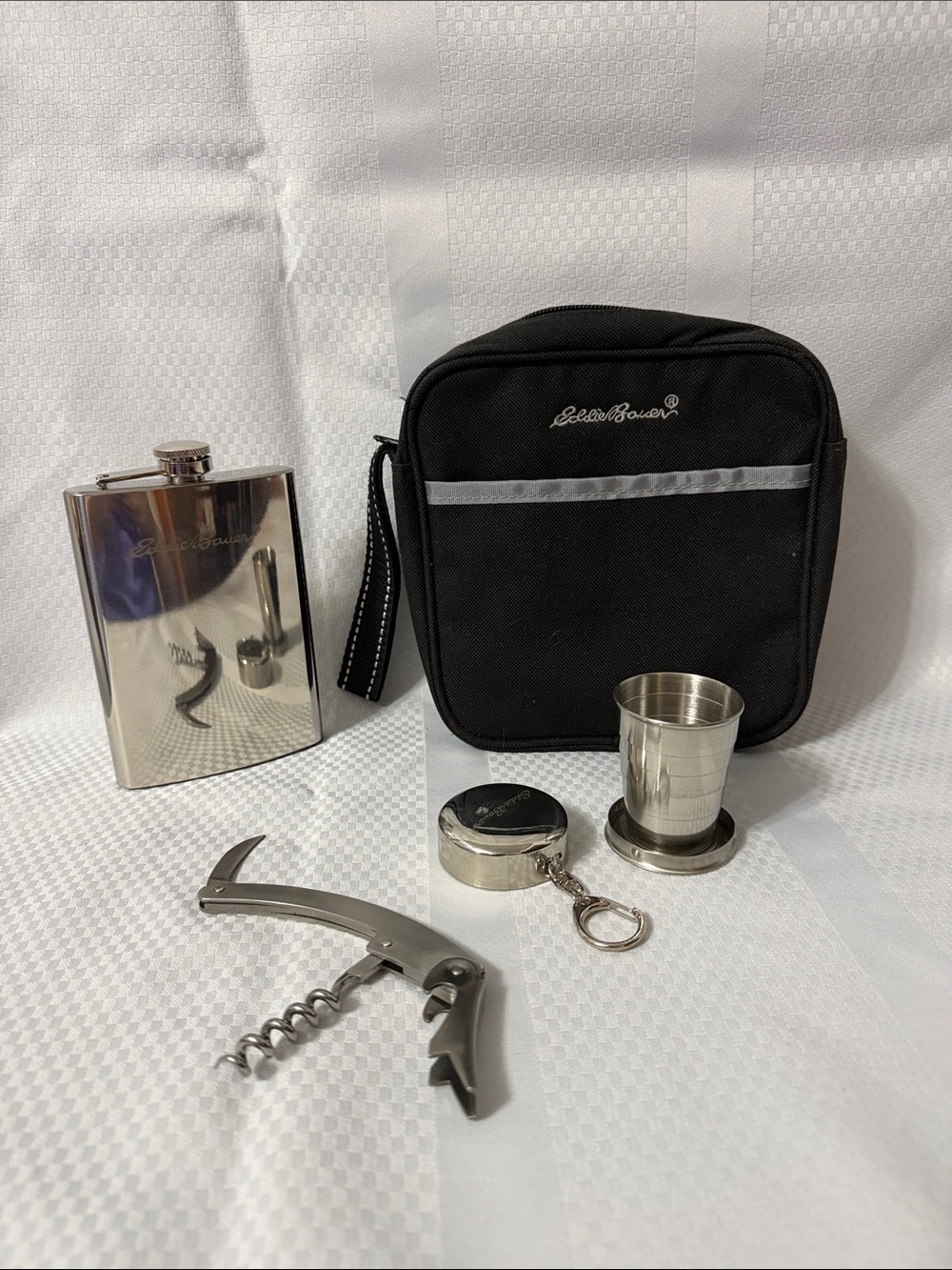 Eddie Bauer Black Travel Flask and Bar Tool Pouch with Stainless Accessories